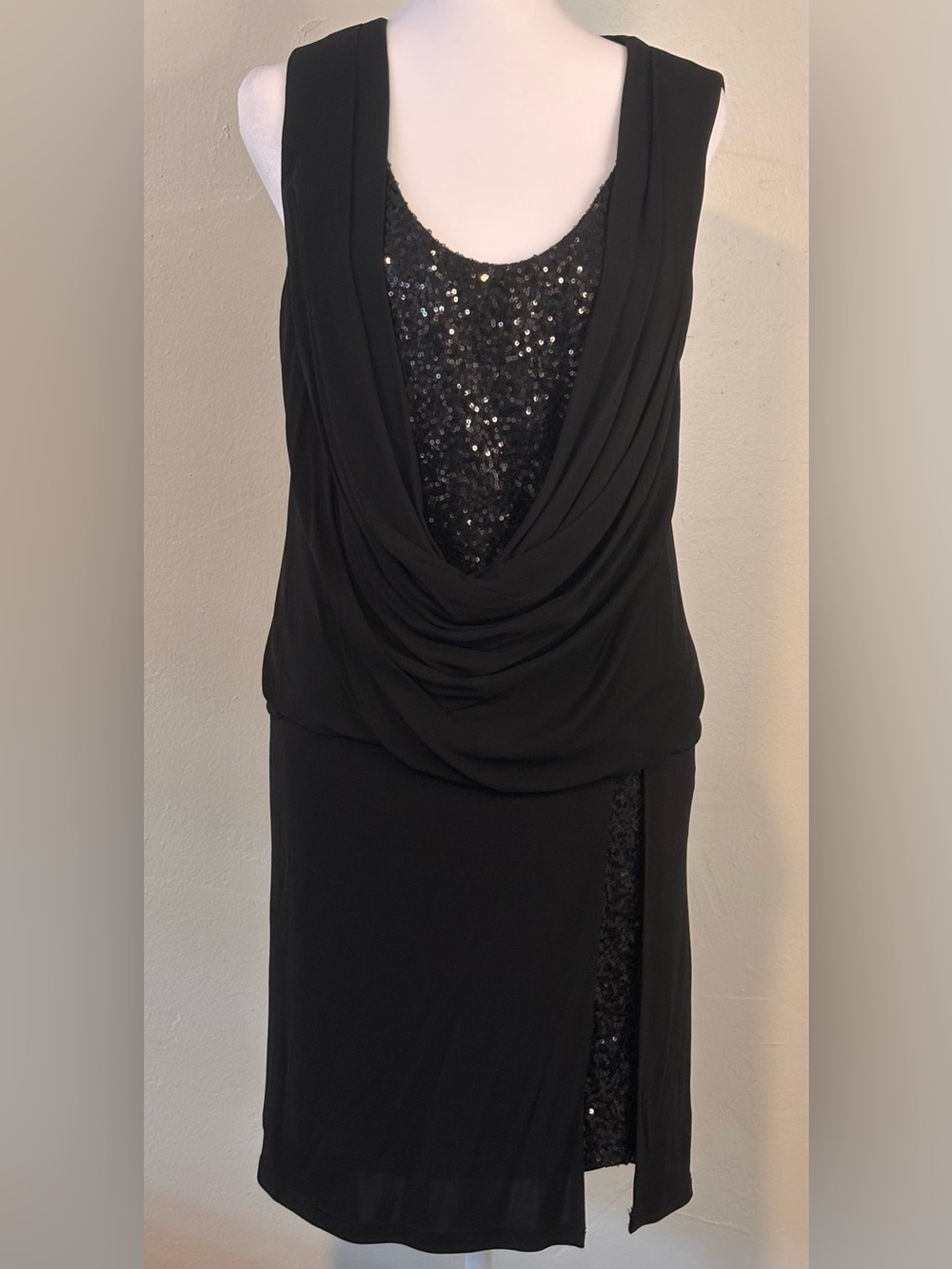Kurt Thomas Black Cocktail Dress Size 4 Draped Cowl Neckline Sparkling Sequins